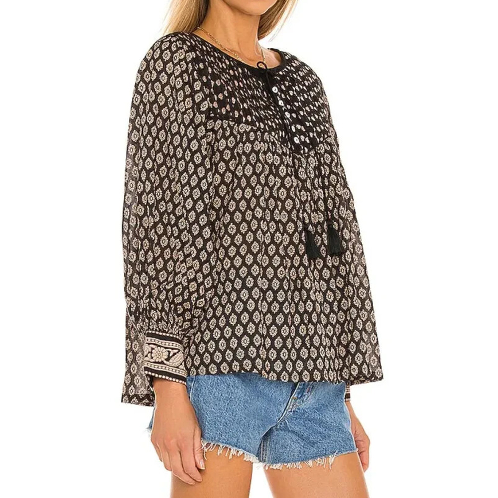 Cleobella Winter Blouse Black Brown Top Pintuck Small Peasant Boho Anthropologie - Picture 5 of 16